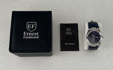 Ernest Ferdinand Men’s Quartz Watch Time+Date Blue Face Leather Strap New Boxed