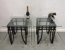 Pair of Art Deco Style Glass Topped Tables,  1990s Vintage Design, Metal Base