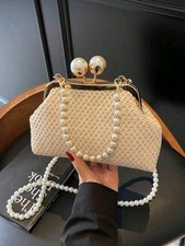 Women Cream Ladies Chain Clutch Bag Crystal Evening Bag Wedding Handbag Pearl