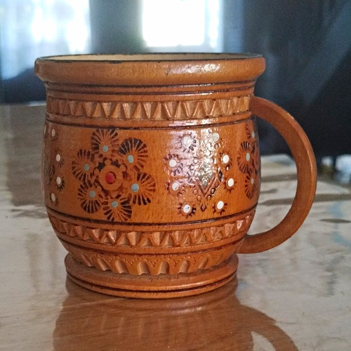 Carved treen wooden mug cup - carved,