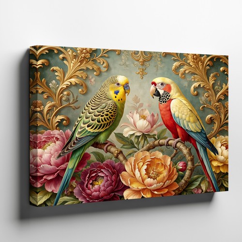 Colorful parrots with blooming - colorful,