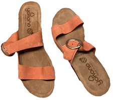 New Yokono Sandals Women’s 9 Two Strap Slip On Cork Wedge Slide Coral Leather