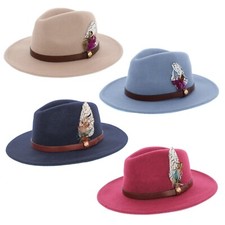 Ladies Coloured Wool Fedora Hat With Feather Choice of Colours
