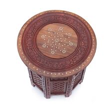Indian Handcarved 18 Inch Wooden Side/End Table with Brass Inlay on Floral Motif