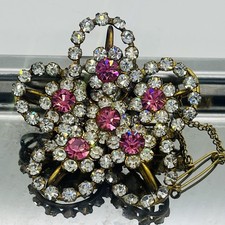 Vintage 1950s Pink and Clear Rhinestone Large Flower Bouquet Posy Floral Brooch