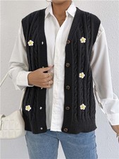 Ladies Cable Knit V Neck Button Flower Loose Jumper Tank Tops Waistcoat Gilet UK