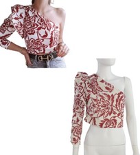 Zara Crop Top One Shoulder Blouse Ruffle Poplin Floral Red White Sexy Size M