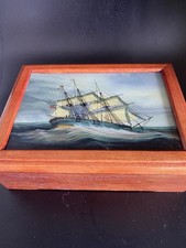 Old Sailing Ship Wooden Box Reverse Glass Painting Maritime Naval