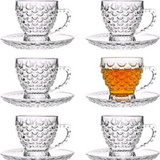 Glass Tea Cups and Saucers Set of 6 Fish Scale Coffee Mugs Teacups for Espresso
