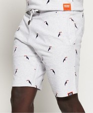 NEW SUPERDRY Men's Ice Marl TOUCAN Birds Grey All Over Embroidered Fabric Shorts