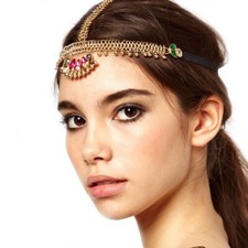 Gold Chain Pear Rhinestone Hair Cuff Arabian Indian Head Piece Jewellery