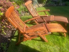 Vintage Teak Steamer Chairs Garden Sun Loungers, Foldable, Pair