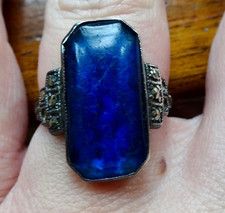 antique art deco 925 STERLING SILVER deep blue glass marcasite dress ring -21