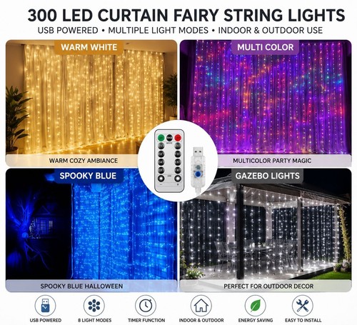 300 led curtain fairy - led, lights
