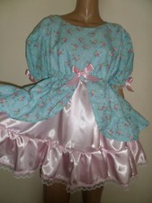 ADULT SISSY BLUE FLORAL BO PEEP  DRESS PINK SATIN FRILLY HEM  44" CHEST/BUST 