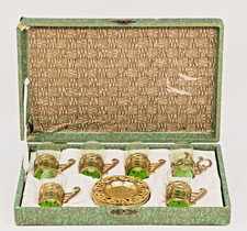 vtg 60s Demitasse 6PC Tea Set Green Glass  Brass Ballerina Holders Original Box