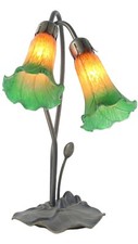 40cm Double Pond Lily Bronze Finish Table Lamp Amber/Green Glass Shades + Bulbs
