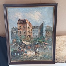 vintage oil painting.  European street scene Framed. signed 22x18 in . 