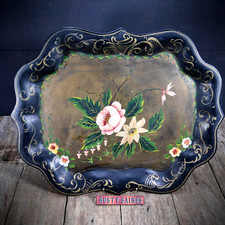 Vintage/1950's Folk Art Hand Painted Metal Tray, Floral Design, Black/Multi