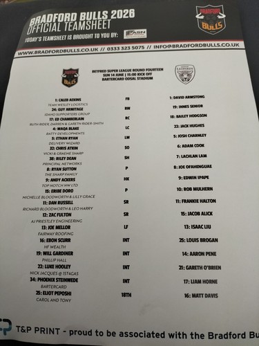 Teamsheet bradford bulls - bulls, v