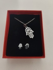 Sterling Silver Hamsa Necklace and Earrings Gift Set New Boxed