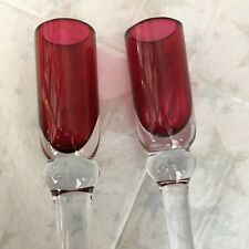 2  NEW  HAND BLOWN GLASS RUBY  CANDLE HOLDERS WITH CLEAR STEMS10" 13" TALL rp£45