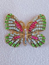 Sparkly Green Pink Rhinestone Butterfly Brooch Pin Gold Tone Insect Jewelry Gift