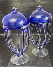 Unusual Vintage Pair Of Blue Studio Art Glass Oil Lamps 9” High