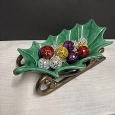 Atlantic Mold Ceramic Holly Leaf Sleigh Candy Dish Christmas Vintage Retro