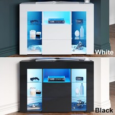 Corner TV Unit Cabinet Stand With LED Light White / Black High Gloss Door 100 cm