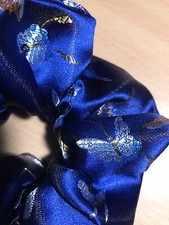 Handmade Hair Scrunchie Butterflies, Navy Silky Chinese Woven Fabric