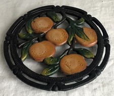 French Orange Branch & Leaves Cast Iron Trivet. 3 legs. Hot Pot / Pan Stand.