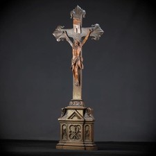 34.6" Crucifix Altar | French Antique Wooden Church Cross | 1800s Jesus Christ