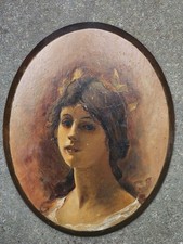 Antique Oil Painting on Wood.  French? Pre Raphaelite Style  Painting of a Woman