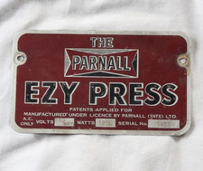 Vintage 1940s PARNALL EZY PRESS Laundry Press Metal Serial Number Plaque/Sign