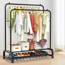 Heavy Duty Clothes Rail Double Rails Metal 2 Tier Shoe Rack Hook Storage