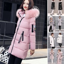 Women Ladies Long Quilted Parka Coat Winter Warm Cotton Puffer Fur Hooded Jacket