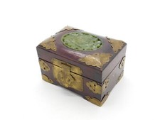 Chinese Lacquer, Brass Bounded & Carved Jade Panel Set Jewellery Box c1920