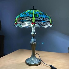 TIFFANY TABLE LAMP 16 INCH GREEN DRAGONFLY STYLE STAINED GLASS SHADE HOME DECOR