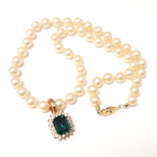 Vintage Imitation Pearl Necklace with Faux Emerald Pendant