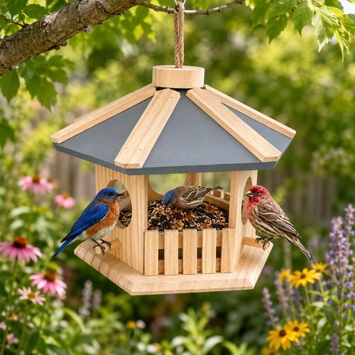Hanging wooden bird - wooden, feeding
