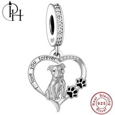 Staffordshire Bull Terrier Charm Staffy Dog 925 Sterling Silver Heart Paw Dangle