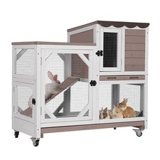 Large Wooden Rabbit Hutch on Wheels 2-Tier Outdoor Indoor Bunny Cage with Tray