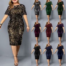Christmas Ladies Sequins Glitter Mesh Short Sleeve Dress Party Dresses PLUS SIZE