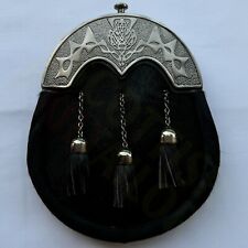 Scottish Handmade Calfskin Black Leather Sporran For Sale With Thistle Cantle