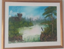 Hand Painted Oil On Canvas waterfall lake . Signed tina burge 