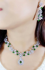 Designer Indian Bollywood Silver Plated White CZ Necklace Jhumka Tika Set