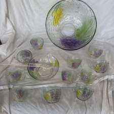 Vintage Kig Glass Punch Bowl Coloured Embossed Fruit - 10 cups & ladle with bowl