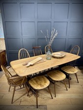 Ercol Elm Refectory Table & 8 Mixed Windsor Chairs/Stools Vintage Dining Set MCM