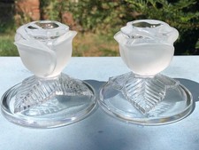 Pair of Vintage French Crystal d'Arques Roses Shaped Candlestick Holders
